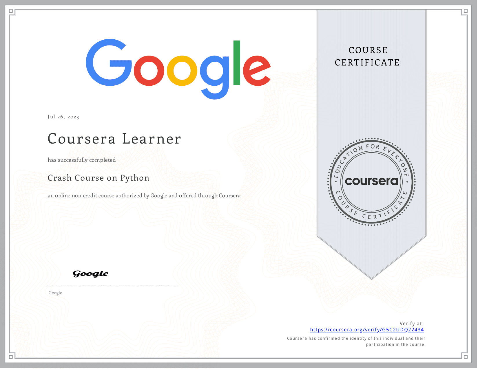 Crash Course on Python certificate