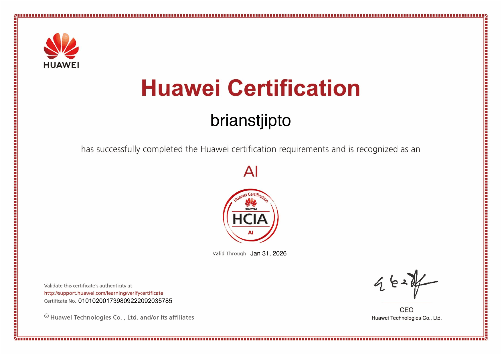 HCIA-AI certificate